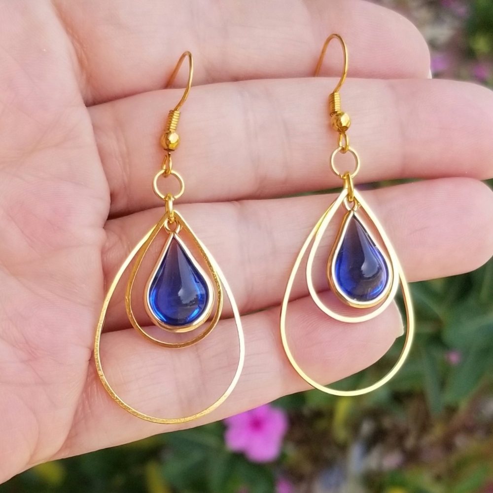 14k Gold Blue Sapphire Earrings, Sapphire Dangle Earrings, Gold Hoop Earrings